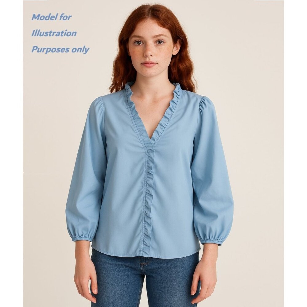 Blue Ruffled V Neck Blouse Womens XL Puff Sleeves Soft Girl Light Academia Offic